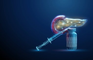 Şişe üzerinde insan pankreası olan bir şırınga. Sağlık sigortası tıbbi konsepti. Pankreas tedavisi konsepti. Düşük polimerli. Geometrik arkaplan. Kablo iskeleti. Modern mavi 3D grafik. Vektör.
