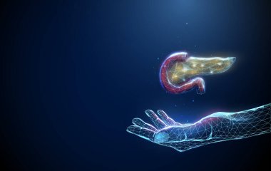 Pankreasla ilgili soyut yardım. Sağlık hizmeti tıbbi konsepti. Düşük poliuristik teknoloji dijital neon tarzı. Geometrik arkaplan. Kablo çerçeve ışık bağlantı yapısı. 3D grafik. Vektör.