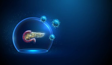 Virüslerin saldırdığı cam bir kubbenin içinde soyut kırmızı ve sarı pankreas. Neon küre kalkanı. Sağlık sigortası tıbbi konsepti. Gelecekçi düşük yalan makinesi tarzı. Geometrik arkaplan. Kablo çerçevesi. Vektör.