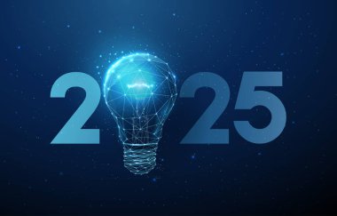 Soyut Mutlu 2025 yılbaşı tebrik kartı ve ampul. Düşük polimerli teknoloji tasarımı. Gelecekçi neon geometrik arkaplan. Kablo çerçeve ışık yapısı. Modern 3D grafik konsepti. Vektör.