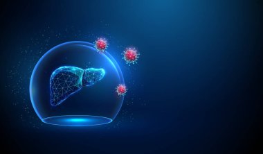 Kırmızı virüslerin saldırdığı cam kubbenin içinde soyut mavi insan karaciğeri. Küre kalkanı sağlık koruma tıbbi konsepti. Gelecekçi düşük yalan makinesi tarzı. Geometrik arkaplan kablo çerçevesi bağlantısı. Vektör