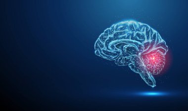 Kırmızı noktalı soyut mavi beyinler. Beyin hastalıkları, tıbbi tedavi, beyincik hastalıkları konsepti. Düşük polimerli. Geometrik arkaplan. Kablo çerçeve ışık bağlantı yapısı. Modern konsept. Vektör