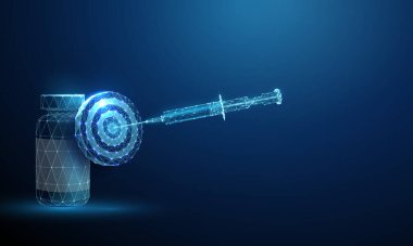 Hedefli bir ilaç şişesi ve merkezinde mavi bir şırınga. Hassas tıp, hedeflenmiş uyuşturucu teslimatı konsepti. Düşük polimerli. Tel çerçeve hologram yapısı. Modern mavi 3D grafik. Vektör.