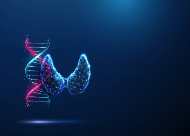 Soyut mavi ve mor DNA molekülü sarmal ve insan tiroid bezi. Genetik biyoteknoloji mühendisliği konsepti. Düşük poliuristik teknoloji dijital tarzı. Geometrik arkaplan. Kablo çerçevesi. Vektör.