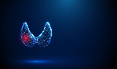 Kırmızı lekeli mavi insan tiroit bezi. Tiroid hastalıkları, tıbbi tedavi, tiroid bozuklukları, teşhis konsepti. Düşük polimerli. Geometrik arkaplan. Kablo çerçeve ışık bağlantı yapısı. Vektör.