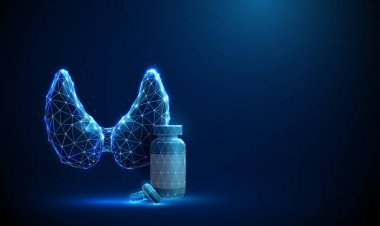 İçinde ilaç olan soyut mavi tiroid bezi. Tiroid bozuklukları, sağlık sigortası, tıbbi tedavi konsepti. Düşük polimetrik arkaplan, kablo çerçeveli fütüristik tarz. Vektör.