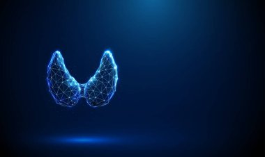 Soyut mavi insan tiroit bezi. Düşük polimerli. Tiroid anatomisi, sağlık, tıbbi tanı konsepti. Geometrik arkaplan. Kablo çerçeve ışık bağlantı yapısı. Modern 3D grafik konsepti. Vektör.