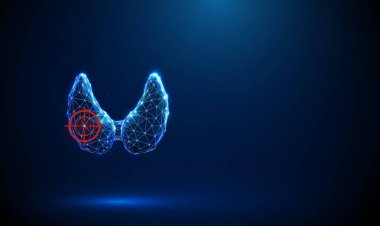 Kırmızı hedef işaretli soyut mavi insan tiroit bezi. Tiroit sağlığı, tıbbi tedavi konsepti. Düşük polyester dijital fütürist tarzı. Geometrik arkaplan. Kablo çerçeve ışık bağlantı yapısı. Vektör