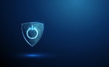 Bir kalkan simgesindeki soyut mavi güç düğmesi. Güvenlik etkinleştirme ve veri koruma kavramı. Gelecekçi düşük yalan makinesi tarzı. Geometrik kablo bağlantı yapısı. Dijital 3B vektör grafiği.