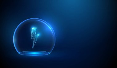 Cam bir kubbenin içindeki soyut yıldırım. Enerji koruma ve güç koruma kavramı. Fütürist teknoloji ve elektrik sembolü. Sürdürülebilir enerji, yenilik. Gelecekçi düşük yalan makinesi tarzı. Vektör