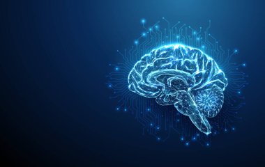 Elektronik devre çizgileri olan gelecekteki insan beyni. Yapay zeka, makine öğrenme konsepti. Kablo çerçevesi düşük polimerli. Geometrik arkaplan Dijital yenilik nöroteknolojik Vektör.