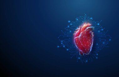 Elektronik devre çizgileri olan gelecekteki insan kalbi. Yapay zeka, kardiyoloji teknolojisi, tıbbi yenilik. Düşük polimerli. Yapay zeka kontrolleri, akıllı sağlık hizmetleri. Vektör.