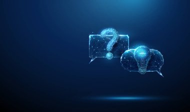 Soru işareti ve ampul odaklı sohbet baloncukları, fikir üretimi, akıllı problem çözen sanal asistanlar, doğal dil işleme konsepti taşıyıcı..