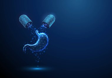Mide sağlığı eczanesine düşen parçacıklar, mide hastalıkları, mide hastalıkları, terapisi, sindirim sağlığı konsepti düşük poliüretik wirefram teknolojisi Vector
