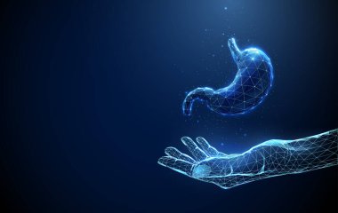 İnsan midesinde soyut yardım eli. Sağlık hizmeti tıbbi destek ve koruma konsepti. Düşük poliuristik teknoloji dijital neon tarzı. Geometrik arkaplan. Kablo çerçeve ışık yapısı. Vektör.