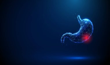 Odak iltihabını gösteren kırmızı noktalı soyut mavi insan midesi. Tıbbi ve sağlık hizmetleri konsepti. Mide lezyonu, mukozal tahriş, hastalık yerelleştirme. Kablo çerçevesi düşük polimerli. Vektör.