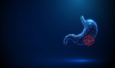 Kırmızı hedef sembollü mavi insan midesi odak patolojisini gösteriyor. Tıbbi sağlık hizmeti konsepti. Hastalıkların yerelleştirilmesi, hedeflenmiş teşhis, hassas tedavi. Kablo çerçevesi düşük polimerli. Vektör.