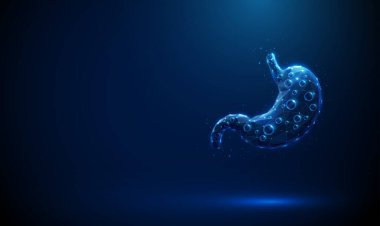 İçinde gaz kabarcıkları olan soyut mavi insan midesi. Şişkinlik, fermantasyon, sindirim güçlüğü. Mide gazı ile ilgili tıbbi konsept, sindirim sağlığı. Tel çerçeve düşük poli biçimi Vektörü.