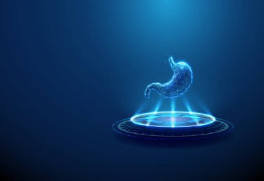 Mide fütüristik podyumda. Sindirim sistemi, mide teşhisi, biyoteknoloji tedavisi, yapay organ teknolojisi konsepti. Parlayan mide, neon ışıklı bilim kurgu platformu, ışık huzmeleri. Vektör