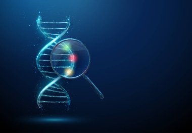 Büyüteç altında kırmızı, sarı ve yeşil noktalar olan DNA ipliği. Genetik varyasyonlar, analizler, farmakomik, biyolojik işaretleyici tanımlama, DNA sıralama, kişiselleştirilmiş tıp konsepti. Vektör