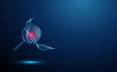 Büyüteçin altında kırmızı noktalı çarpık DNA sarmalı. Genetik testler, mühendislik, mutasyon, hastalıklar, eczacılık, kişiselleştirilmiş tıp konsepti. Dijital kablo grafiği düşük. Vektör.