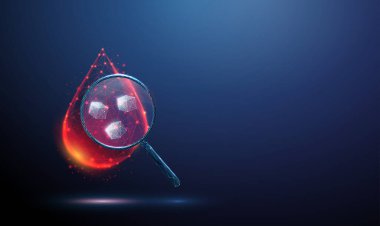 İçinde şeker kristalleri olan bir büyüteç altında kan damlası. Diyabet, kan testi, glikoz izleme, metabolik bozukluklar ve tıbbi teşhisler. Düşük poli kablo vektörü biçimi.