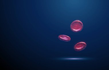Mavi arka planda uçan kırmızı kan hücreleri. Oksijen nakli, kan dolaşımı, sağlıklı kan hücreleri, hematoloji, tıbbi teşhis, biyoteknoloji araştırma konsepti. Düşük polimerli dijital stil. Vektör.