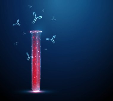 Laboratuvar kan testi tüpü ve antikorlar bağışıklık testleri, serolojik testler, bağışıklık yanıt izleme, sentetik antikor geliştirme, kişiselleştirilmiş biyoteknoloji tıp konsepti Vektör