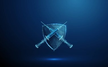 İki çapraz şırıngalı soyut koruyucu kalkan. Tıbbi savunma, aşı, diyabet için insülin tedavisi, antikor temelli tedavi, hormon terapisi, biyoteknoloji yenilik kavramı. Vektör.