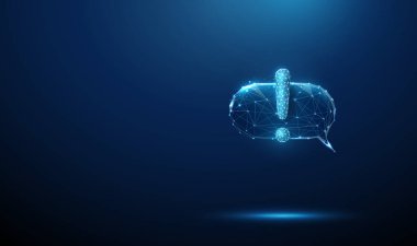 Konuşma balonunun içinde ünlem işareti var. Dikkat, önemli bilgilendirme, güvenlik alarmı, acil durum desteği, kritik güncelleme, hızlı yanıt, kriz iletişimi konsepti. Düşük polimerli. Vektör.