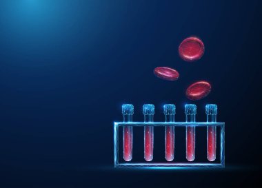 Etrafta uçan kırmızı kan hücreleri olan kan test tüpleri rafı. Hematoloji analizi, kan testleri, laboratuvar testleri, tıbbi araştırma, kişiselleştirilmiş tıp konsepti. Düşük polimerli dijital stil. Vektör.