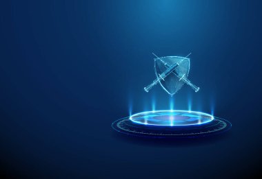 Parlak podyumda çapraz şırıngalarla 3D kalkan. Tıbbi koruma, hastalık önleme, halk sağlığı güvenliği, sağlık hizmetleri savunması, ilaç endüstrisi konsepti. Düşük polimer kablo tipi. Vektör.