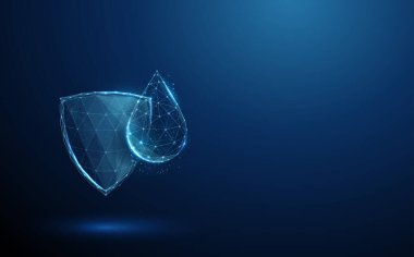 Su damlası olan 3 boyutlu bir kalkan. Su direnci, su geçirmez koruma, dayanıklılık, güvenilirlik, risk önleme, çevresel dayanıklılık kavramı. Düşük polyester dijital fütüristik stil, kablo çerçevesi. Vektör.