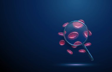 İçinde kırmızı kan hücreleri olan büyüteç. Kan testleri, eritrosit analizleri, hematoloji testleri, tıbbi araştırmalar, sağlık izleme kavramı. Düşük polyester dijital fütüristik, kablo çerçeveli. Vektör.