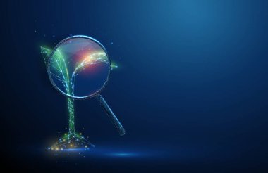 Bitki hastalığının içinde kırmızı nokta olan büyüteç altına bitki yerleştirme, böcek tespit etme, enfeksiyon izleme, çevre koruma, ürün koruma konsepti. Düşük polyester dijital fütürist kablo çerçevesi. Vektör