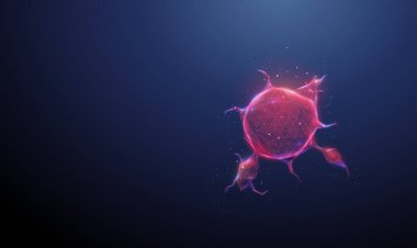 3 boyutlu kırmızı tümör. Tıbbi analiz, onkoloji araştırması, hastalık tespiti, tümör büyüme çalışması, patoloji araştırması, sağlık izleme konsepti. Düşük polyester dijital fütüristik stil, kablo çerçevesi. Vektör.