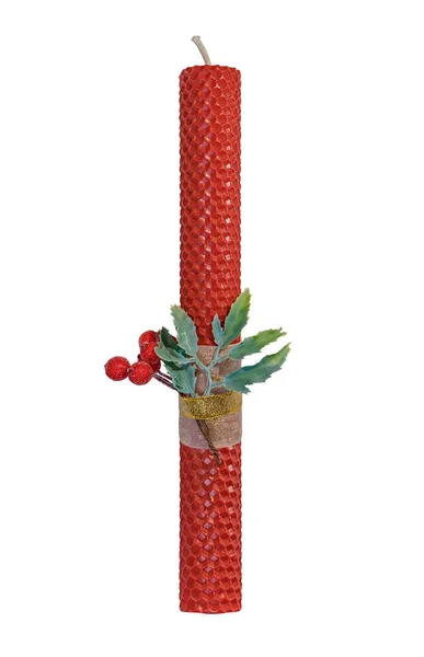 Red Decorative Holiday Candle Isolated White — Stock Photo, Image