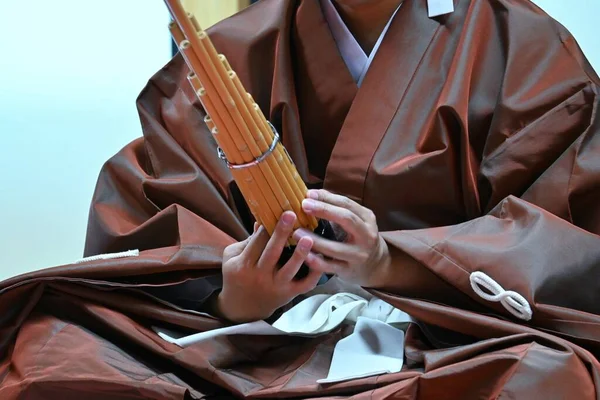 Ancient Japanese court music (called \'GAGAKU\' in Japan) performance. Gagaku consists of percussion, wind and string instruments.