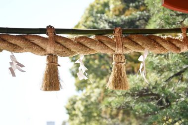 'Shimenawa' ( Shinto straw festoon ) in the japanese shrine. Shimenawa consists of a rice-straw rope and white paper cut in stripes. It is considered a barrier against evil spirits.