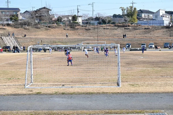 Uma Cena Jogo Futebol Juvenil Menino Esportes Fundo Material — Fotografia de Stock