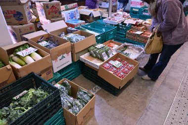 Japon marketi manzarası. Taze balık, et, sebze ve meyve gibi çeşitli malzemeler mevcuttur..