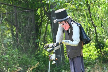 Tarlada komik bir korkuluk. Eşsiz arkaplan materyali.