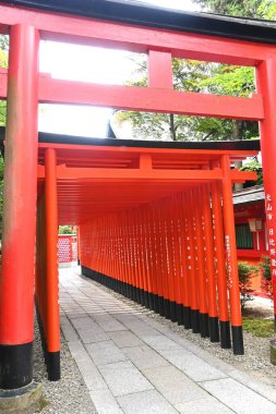 Japon türbesinden bir kırmızı torii. Vermilion kullanılır çünkü eski Japonlar güneşin (Tanrı) renginin hayat dinamizmini getirmesini istemişlerdir..