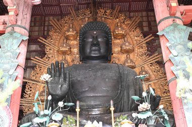 Japonya seyahati. Nara Todaiji Tapınağı Büyük Buda Salonu. Sembolik Büyük Buda 15 metre boyunda ve dünyanın en büyüklerinden biridir..