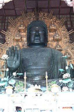 Japonya seyahati. Nara Todaiji Tapınağı Büyük Buda Salonu. Sembolik Büyük Buda 15 metre boyunda ve dünyanın en büyüklerinden biridir..