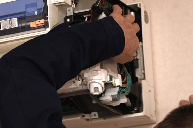  Bir ev klimasının tamirat sahnesi. Ev aletleri inşaat işlerinin arkaplan materyali.