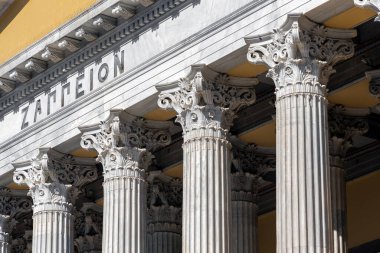 Detailed close up view of the facade of the famous neo classical building Zappeion Hall with it's Corinthian order pillars located in the center of Athens city