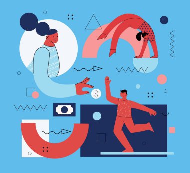 Bir dolarlık banknotlarla kasayı aç. Kiralık paralar kasada olsun. İş adamları banka hesabına para yatırıyor. Nakit koruma, para kasasında tasarruflar. Finansal tasarruf sigortası konsepti. Vektör tasarımı