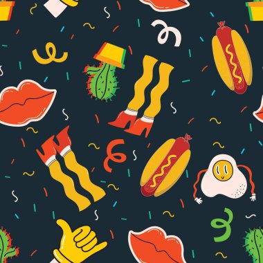 Kusursuz desenli çılgın komik yüzler, ürkütücü karakterler ve çizgili renkli geometrik şekiller. Tamamlayıcı parlak ve siyah renkli mozaik doku. Çağdaş modaya uygun sonsuz baskı.