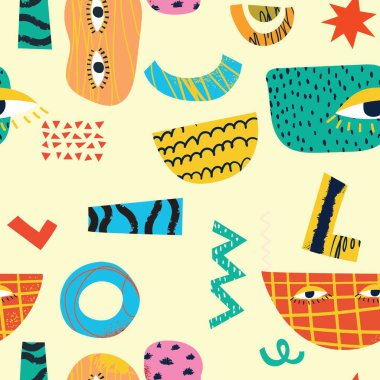 Kusursuz desenli çılgın komik yüzler, ürkütücü karakterler ve çizgili renkli geometrik şekiller. Tamamlayıcı parlak ve siyah renkli mozaik doku. Çağdaş modaya uygun sonsuz baskı.